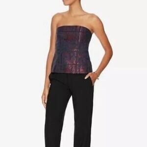 INTERMIX STRAPLESS TOP WITH BOW CIARA BROCADE NAVY RUST SZ XS SOPHISTICATED CHIC